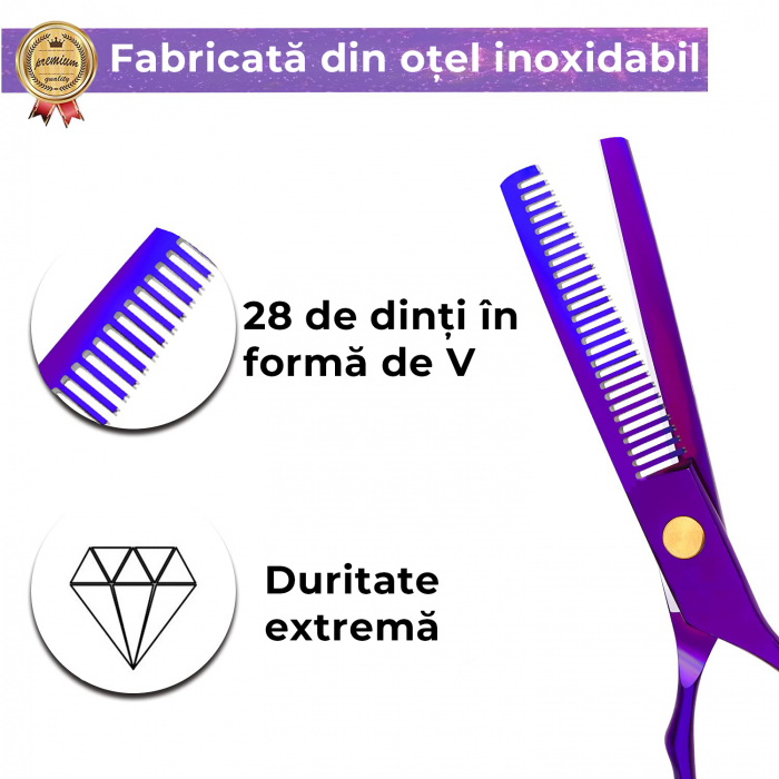 Foarfece profesionale de tuns si filat, Set de 8 piese, Mov [5]