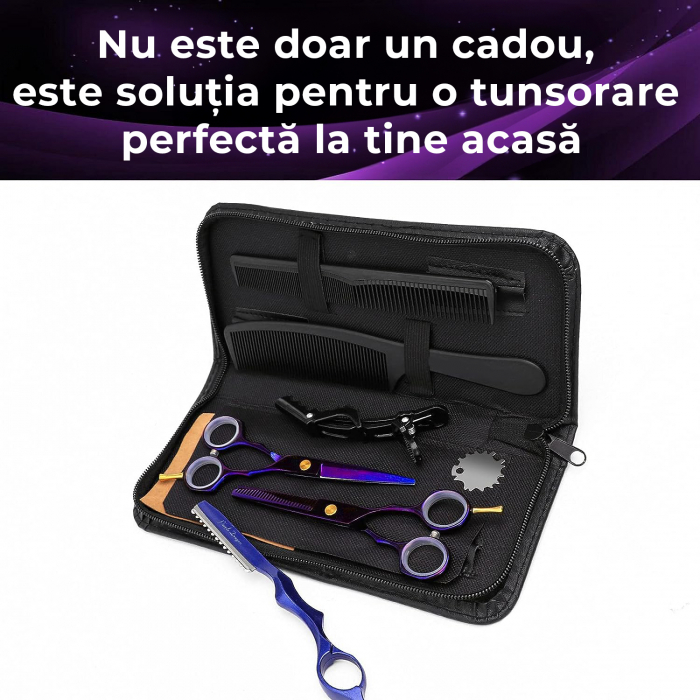 Foarfece profesionale de tuns si filat, Set de 8 piese, Mov [4]
