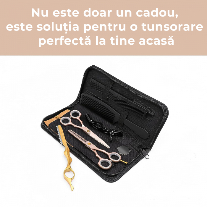 Foarfece profesionale de tuns si filat, Set de 8 piese, Negru cu Auriu [4]
