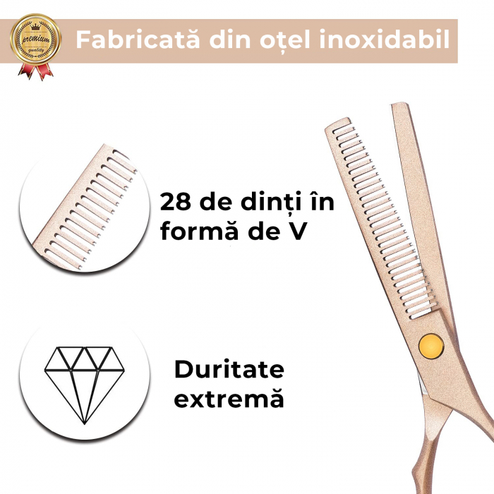 Foarfece profesionale de tuns si filat, Set de 8 piese, Negru cu Auriu [5]
