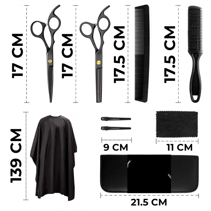 Foarfece profesionale de tuns si filat, Set de 10 piese, Negru si Auriu [7]