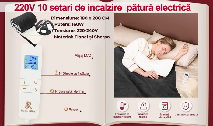 Patura cu incalzire electrica 180x200cm, Gri [12]