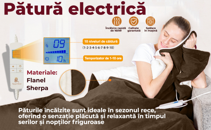 Patura cu incalzire electrica 120x160cm, Maro [2]