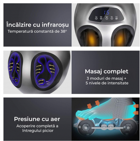 Aparat de masaj pentru picioare profesional cu incalzire, stimularea circulatiei periferice si detensionarea talpilor prin presopunctura, cu 3 moduri si nivele de intensitate, acoperire 360° a picioar [9]