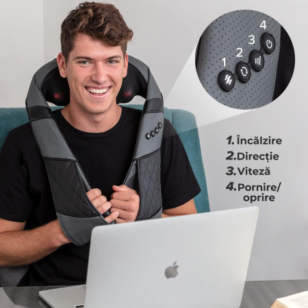 Aparat de masaj profesional pentru spate, gat, umeri, picioare si abdomen, masaj terapeutic, tratarea durerilor musculare cu 8 bile rotative, 3 viteze, 2 directii, Set cu geanta portabila, Gri si Negr [1]