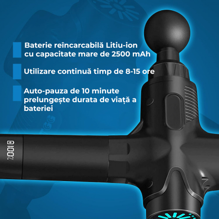 Aparat pentru masaj profesional, tip pistol, anticelulitic, relaxare pentru corp, silentios cu doar 40dB, ecran LCD, timp de operare pana la 15h, cu 12 capete pentru orice grupa musculara, Set, Negru, [1]