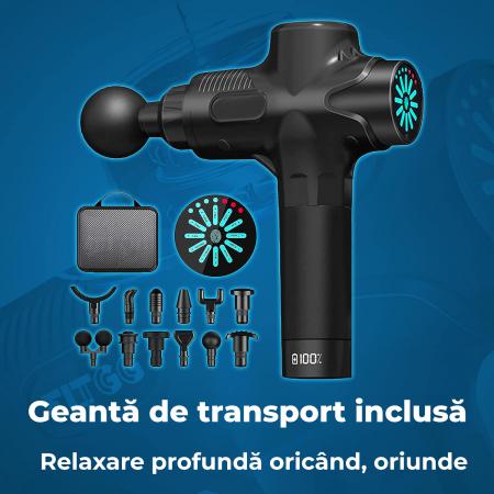 Aparat pentru masaj profesional, tip pistol, anticelulitic, relaxare pentru corp, silentios cu doar 40dB, ecran LCD, timp de operare pana la 15h, cu 12 capete pentru orice grupa musculara, Set, Negru, [4]