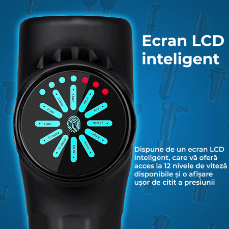 Aparat pentru masaj profesional, tip pistol, anticelulitic, relaxare pentru corp, silentios cu doar 40dB, ecran LCD, timp de operare pana la 15h, cu 12 capete pentru orice grupa musculara, Set, Negru, [8]