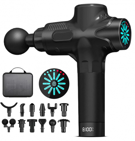 Aparate de masaj - Aparat pentru masaj profesional, tip pistol, anticelulitic, relaxare pentru corp, silentios cu doar 40dB, ecran LCD, timp de operare pana la 15h, cu 12 capete pentru orice grupa musculara, Set, Negru,