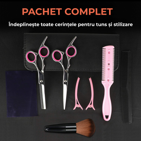 Foarfece profesionale de tuns si filat Set de 9 piese, Argintiu si Roz [1]