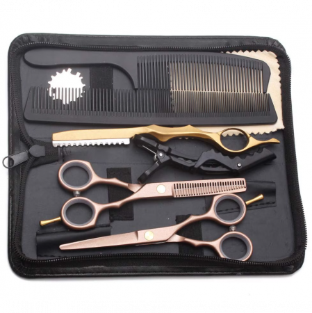 Foarfece de tuns - Foarfece profesionale de tuns si filat, Set de 8 piese, Negru cu Auriu