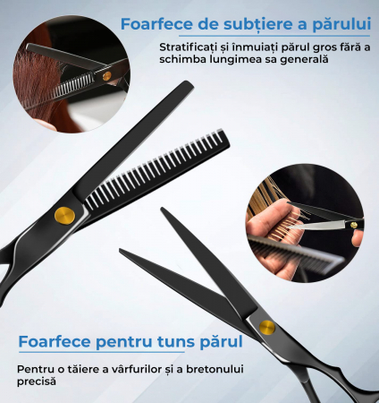 Foarfece profesionale de tuns si filat, Set de 10 piese, Negru si Auriu [4]