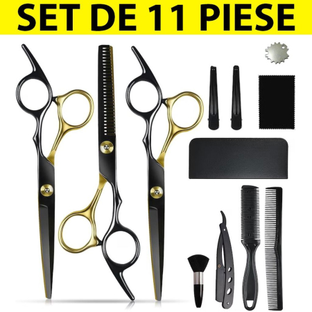 Foarfece de tuns - Foarfece profesionale de tuns si filat Set de 11 piese, Negru si Auriu
