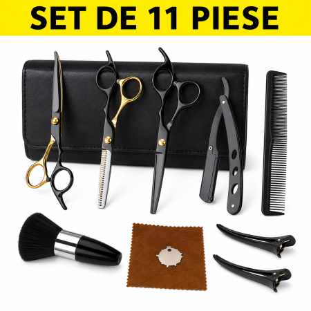 Foarfece de tuns - Foarfece profesionale de tuns si filat Set de 11 piese, Negru si Auriu