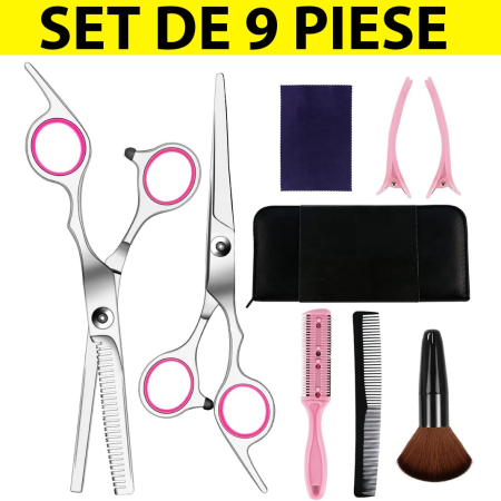 Foarfece de tuns - Foarfece profesionale de tuns si filat Set de 9 piese, Argintiu si Roz