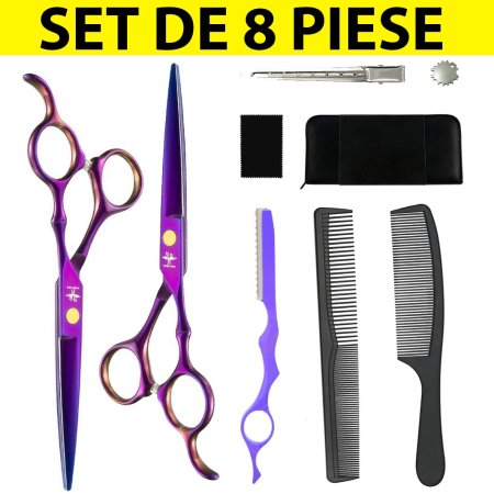 Foarfece de tuns - Foarfece profesionale de tuns si filat, Set de 8 piese, Mov