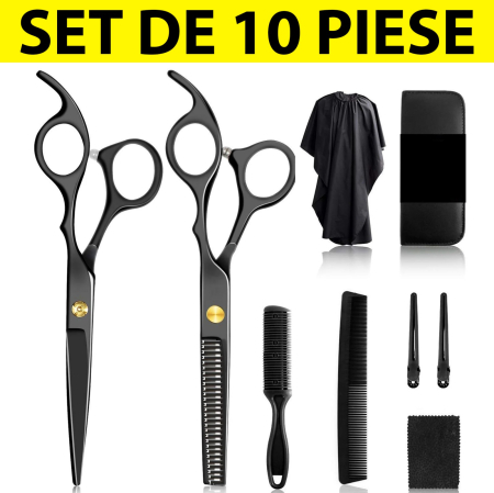 Foarfece de tuns - Foarfece profesionale de tuns si filat, Set de 10 piese, Negru si Auriu