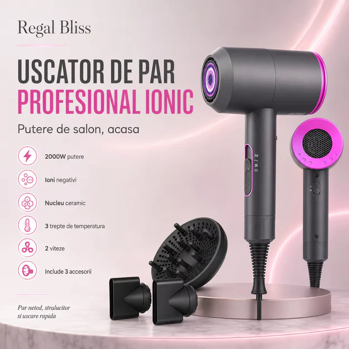 Uscatoare de par - Uscator de par profesional ionic, Roz si Negru