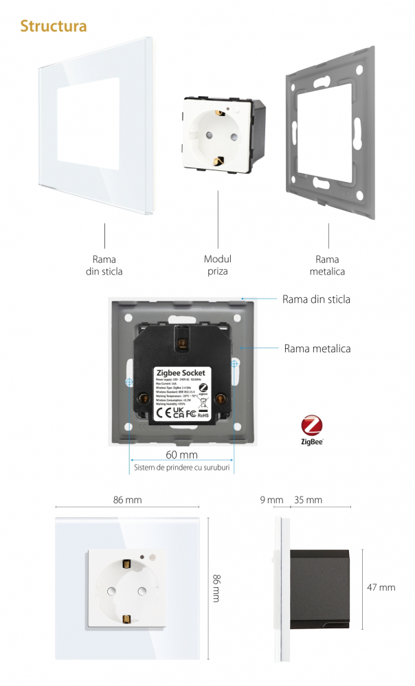 Priza Inteligenta cu Protocol Zigbee si Monitorizare Consum cu Rama Din Sticla LUXION [10]