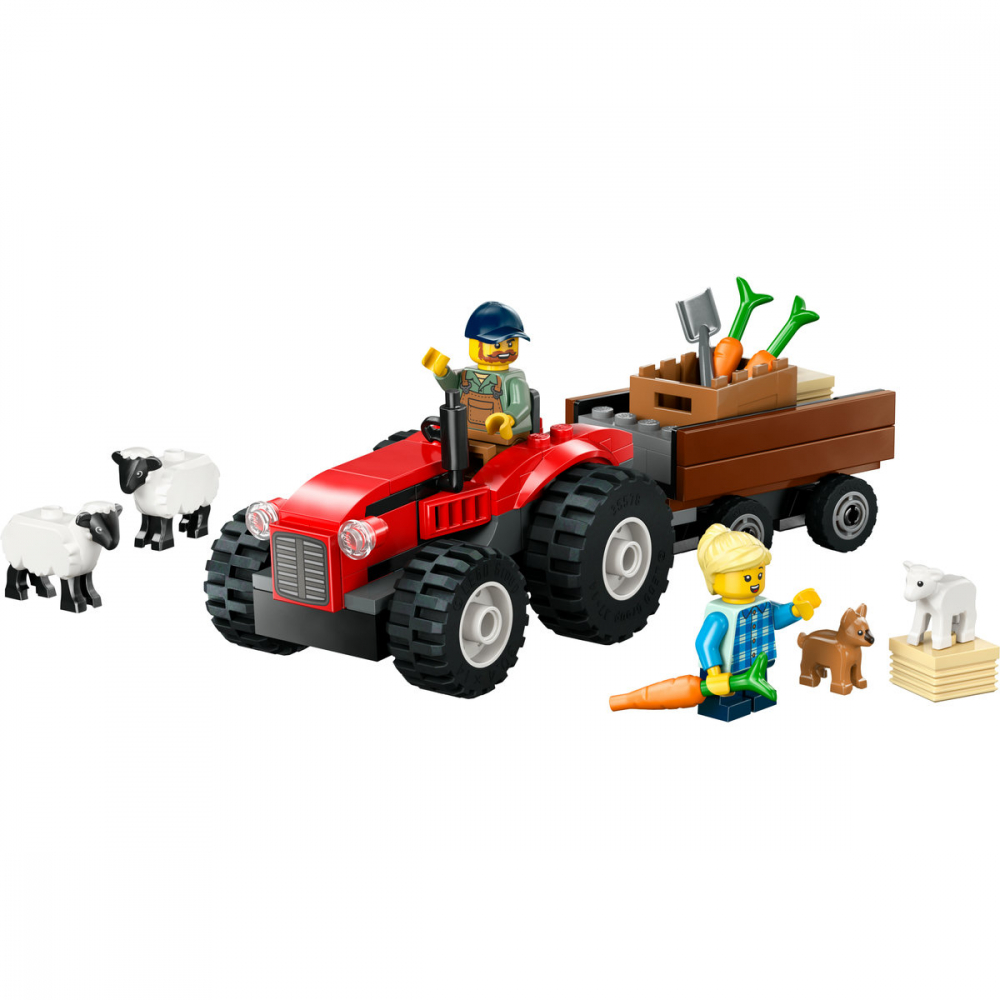 Tractor de ferma rosu cu remorca si oi [9]
