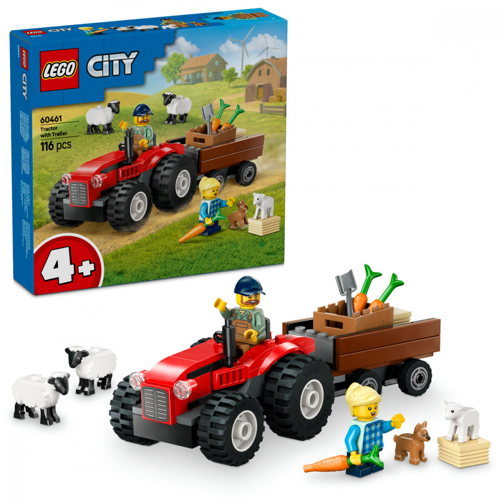 Tractor de ferma rosu cu remorca si oi [1]