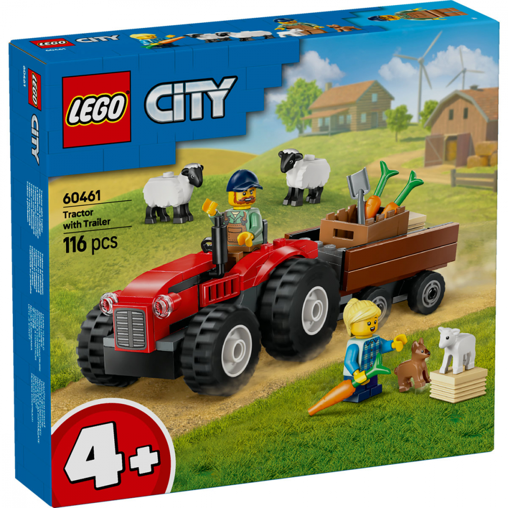 Tractor de ferma rosu cu remorca si oi [2]