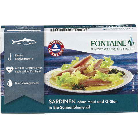 Conserve de peste bio - Sardine fara piele si oase in ulei bio de floarea-soarelui
