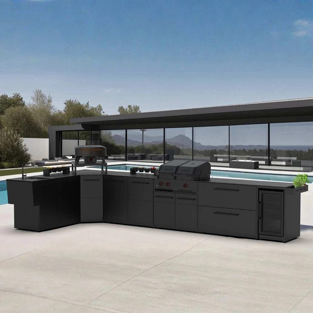 Bucatarie exterioara Cozze in forma L cu Quattro 900, cuptor pizza, frigider si chiuveta - 452 x 200 cm [2]