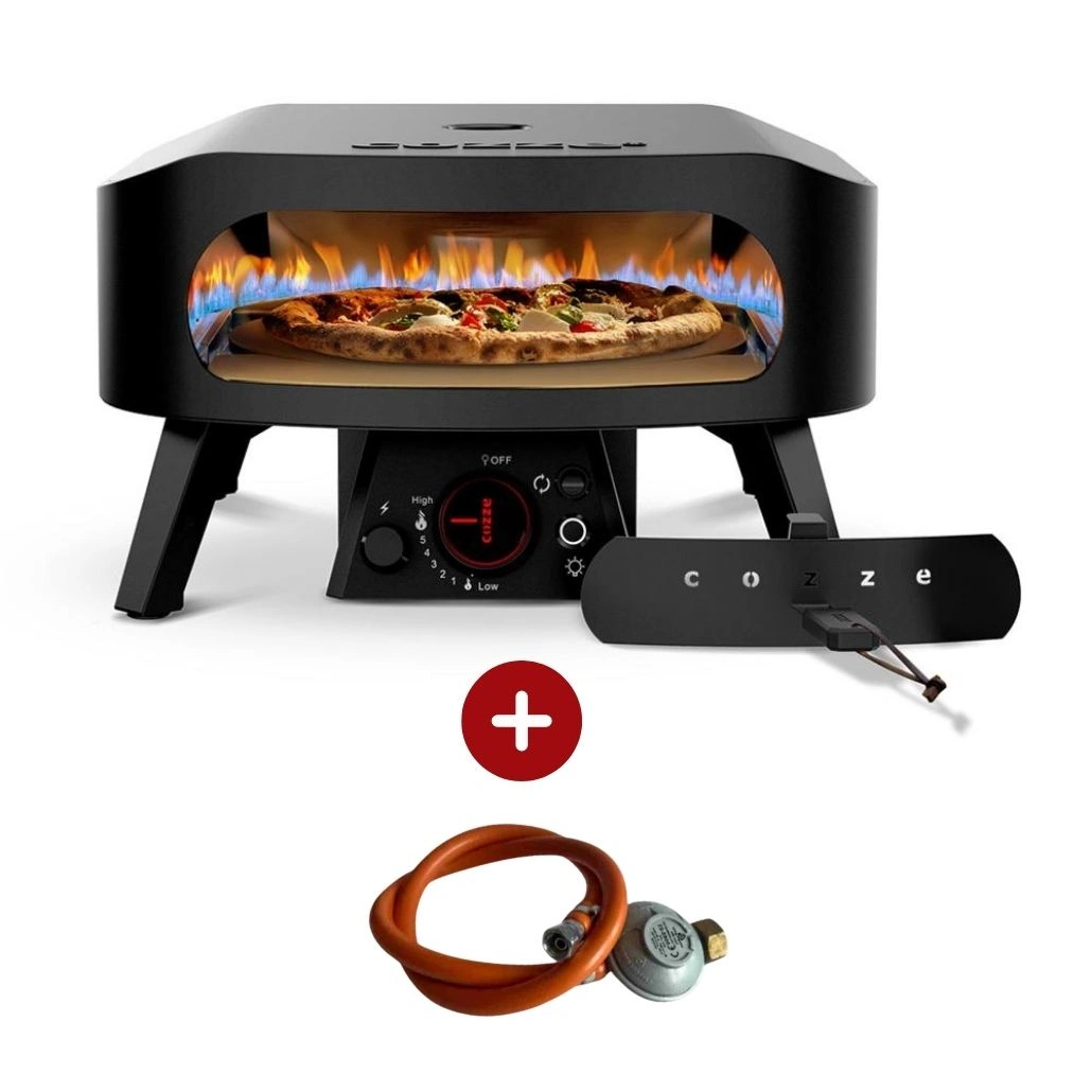 BUCĂTĂRII EXTERIOARE - Cuptor pizza pe gaz 34 cm Cozze Negru cu piatra rotativa + Regulator gaz