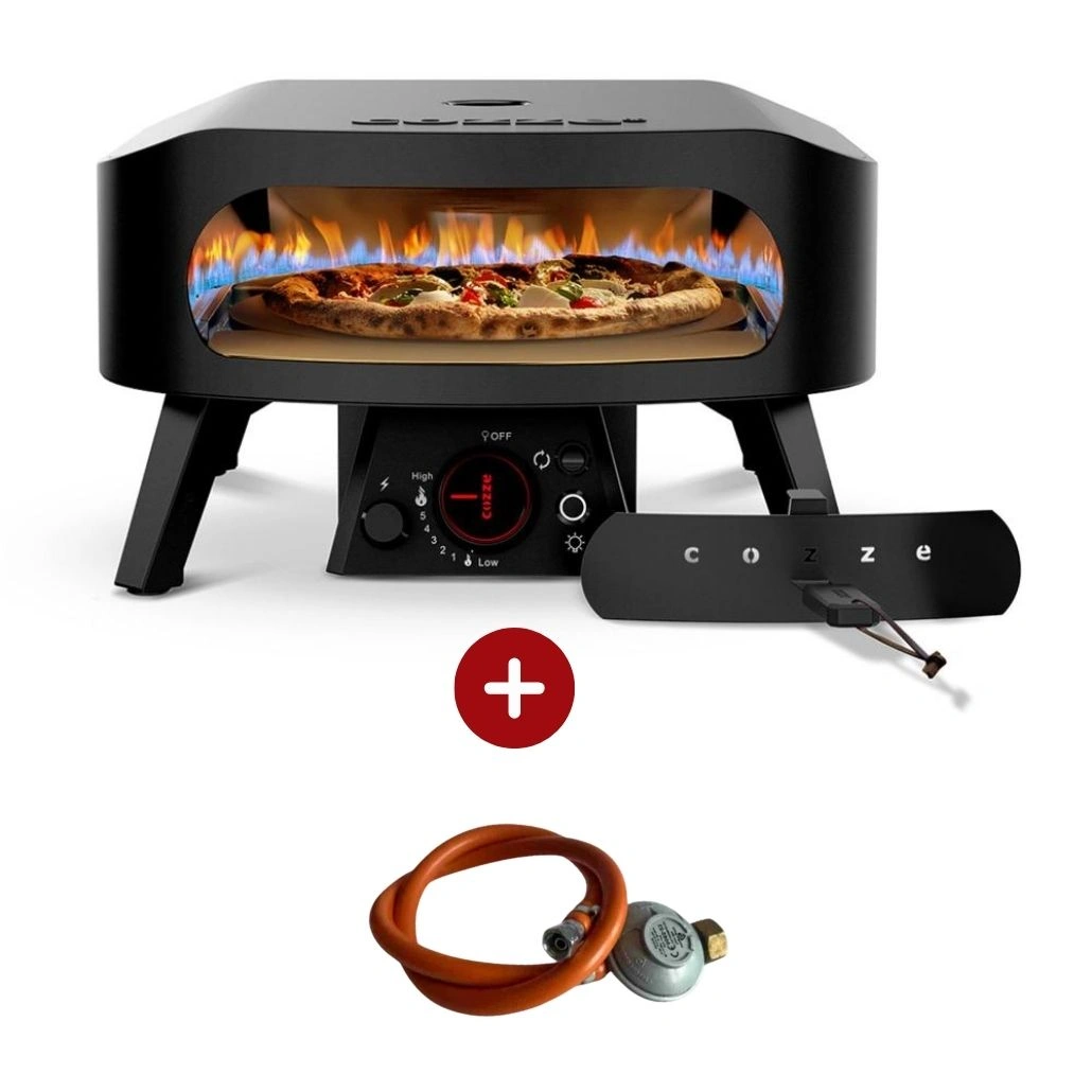 BUCĂTĂRII EXTERIOARE - Cuptor pizza pe gaz 42.5 cm Cozze Negru cu piatra rotativa + Regulator gaz