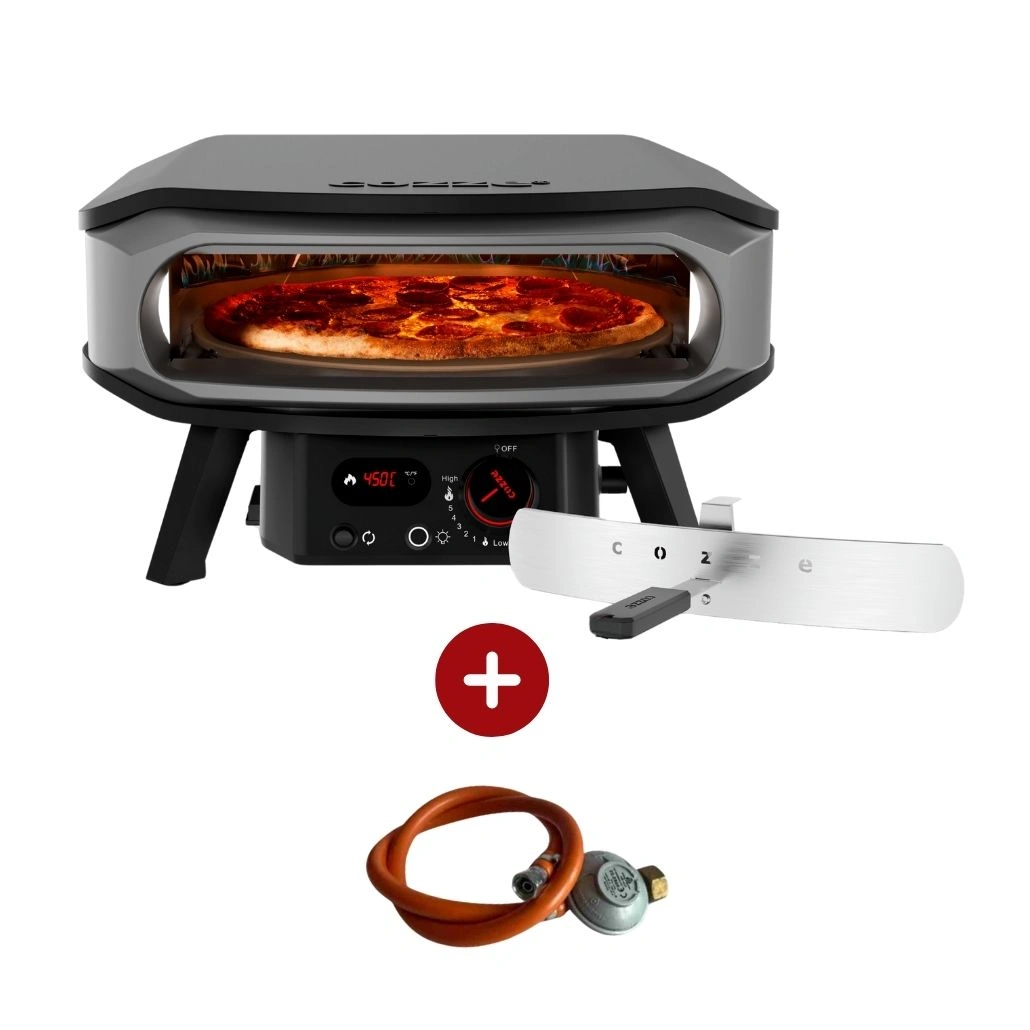 BUCĂTĂRII EXTERIOARE - Cuptor pizza pe gaz Cozze PREMIUM 42.5cm - piatra rotativa pentru pizza, termometru digital si lumina LED + REGULATOR