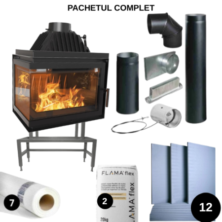 FOCARE ȘEMINEE PE LEMNE IEFTINE - FOCAR FONTA HELTAU XL 15 kW - STICLA STANGA FARA STALP - Pachet COMPLET