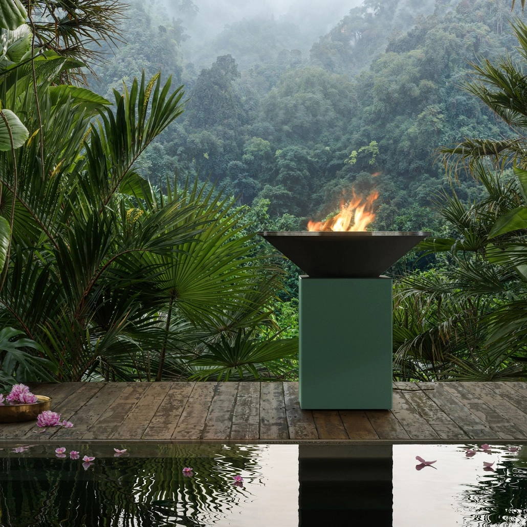 GRATARE PE LEMNE CU PLITA - Gratar OFYR 100 Chrome Green cu vatra de gatit pe lemne - Editie aniversara