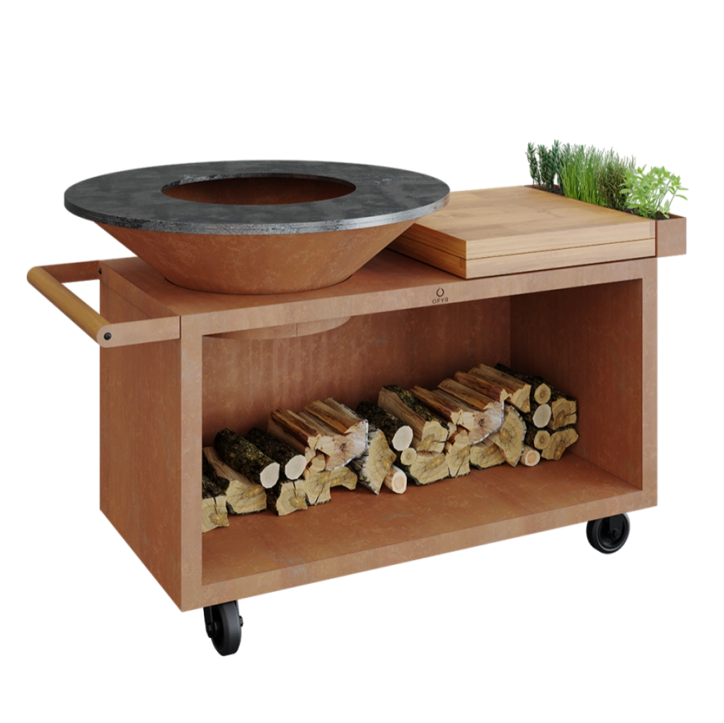 GRATARE PE LEMNE CU PLITA - Gratar OFYR Corten 100 PRO SD cu masa de lucru