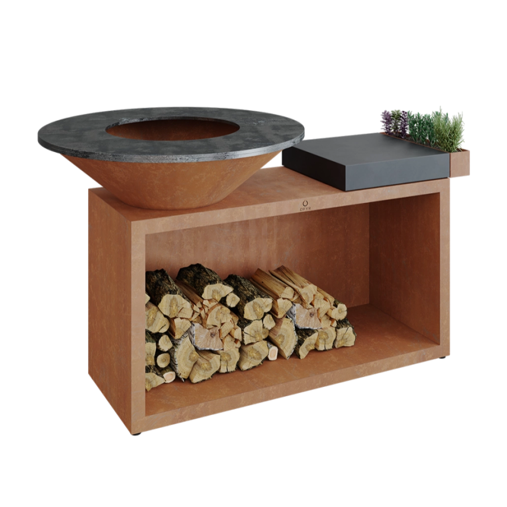 GRATARE PE LEMNE CU PLITA - Gratar OFYR Corten 100 SD cu masa de lucru