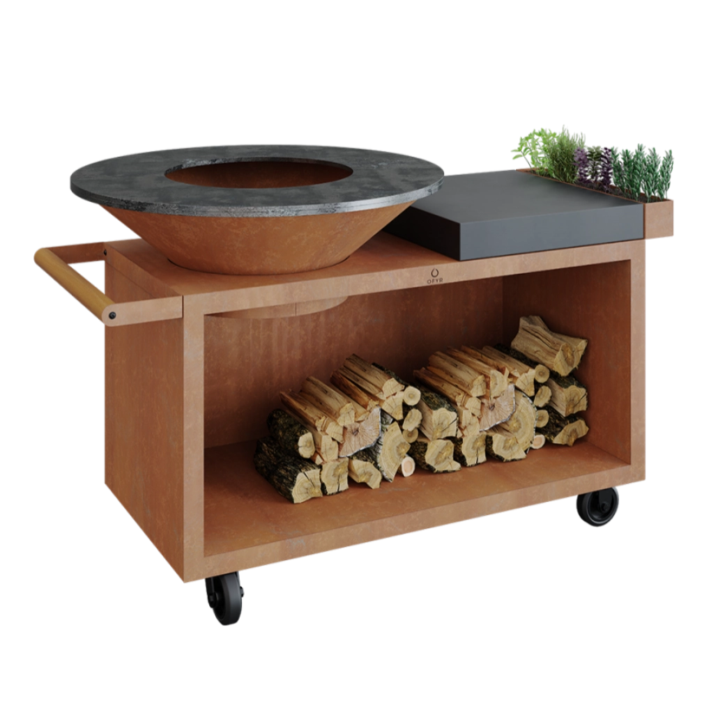 GRATARE PE LEMNE CU PLITA - Gratar OFYR Corten 100 PRO SD cu masa de lucru