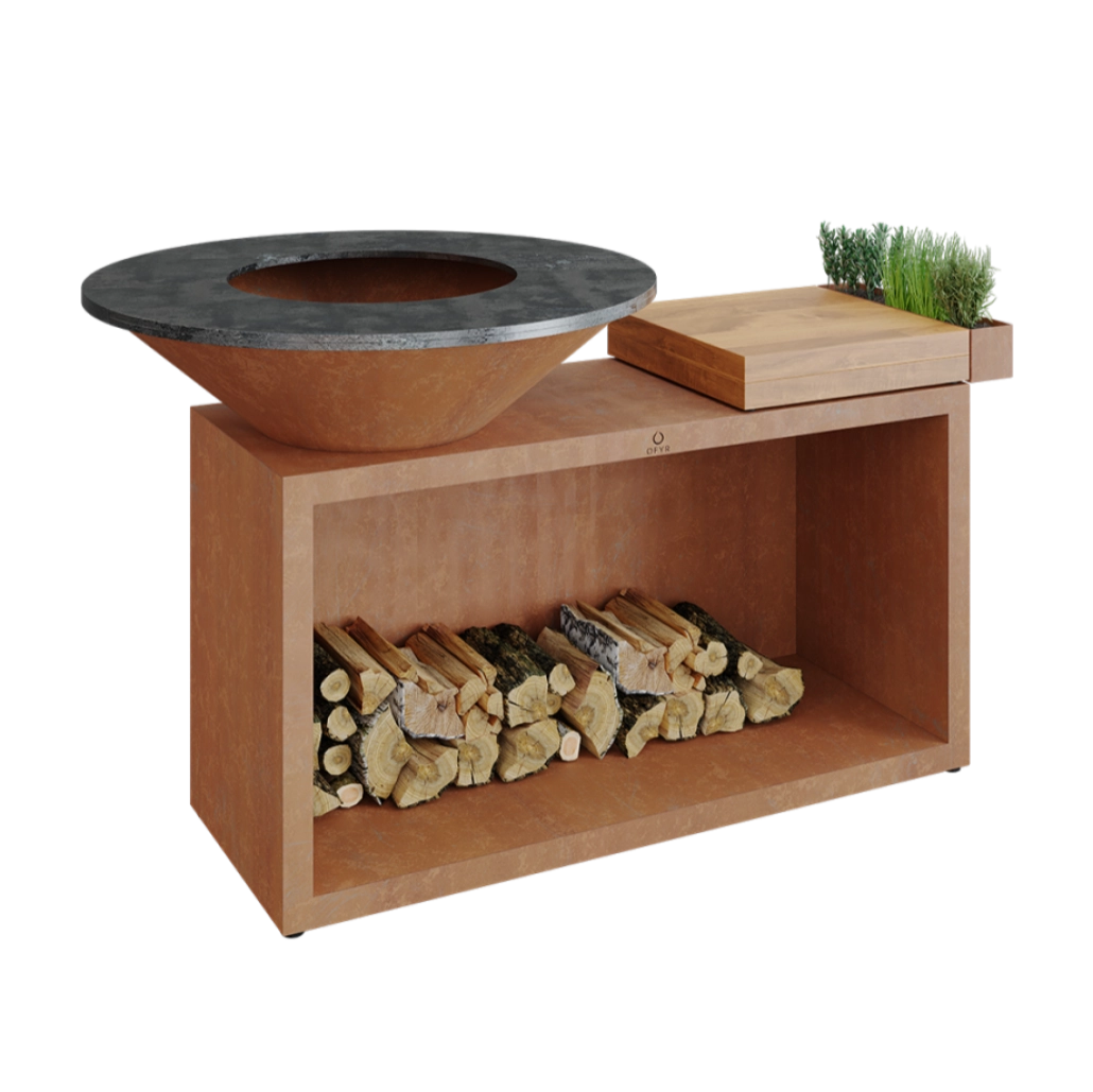 GRATARE PE LEMNE CU PLITA - Gratar OFYR Corten 100 SD cu masa de lucru