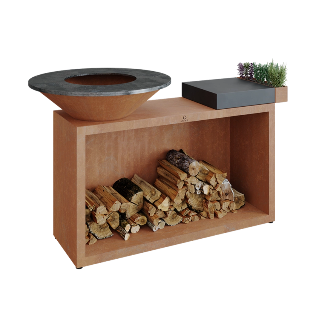 GRATARE PE LEMNE CU PLITA - Gratar OFYR Corten 85 SD cu masa de lucru