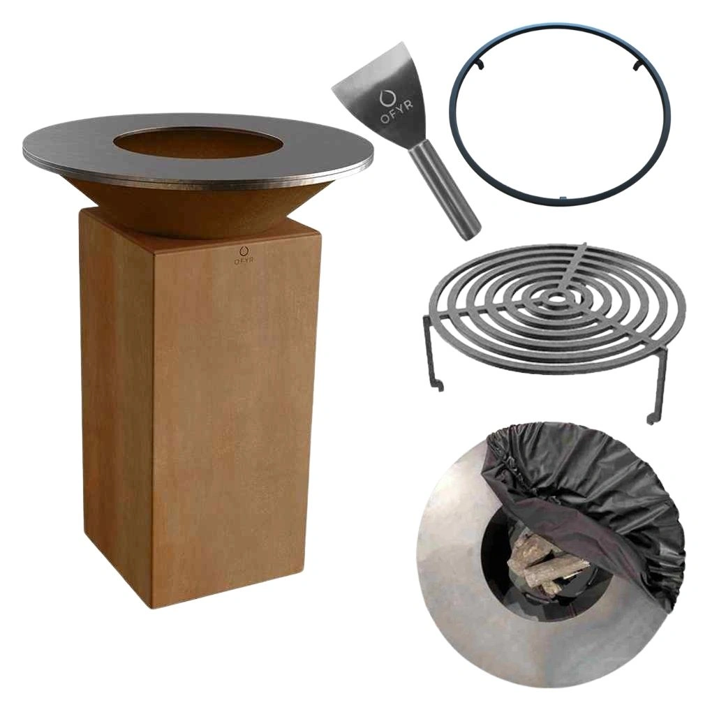 GRATARE PE LEMNE CU PLITA - Set Gratar OFYR ORIGINAL Corten 75 cu vatra de gatit pe lemne + Gratar + Opritor alimente + Husa + Racleta