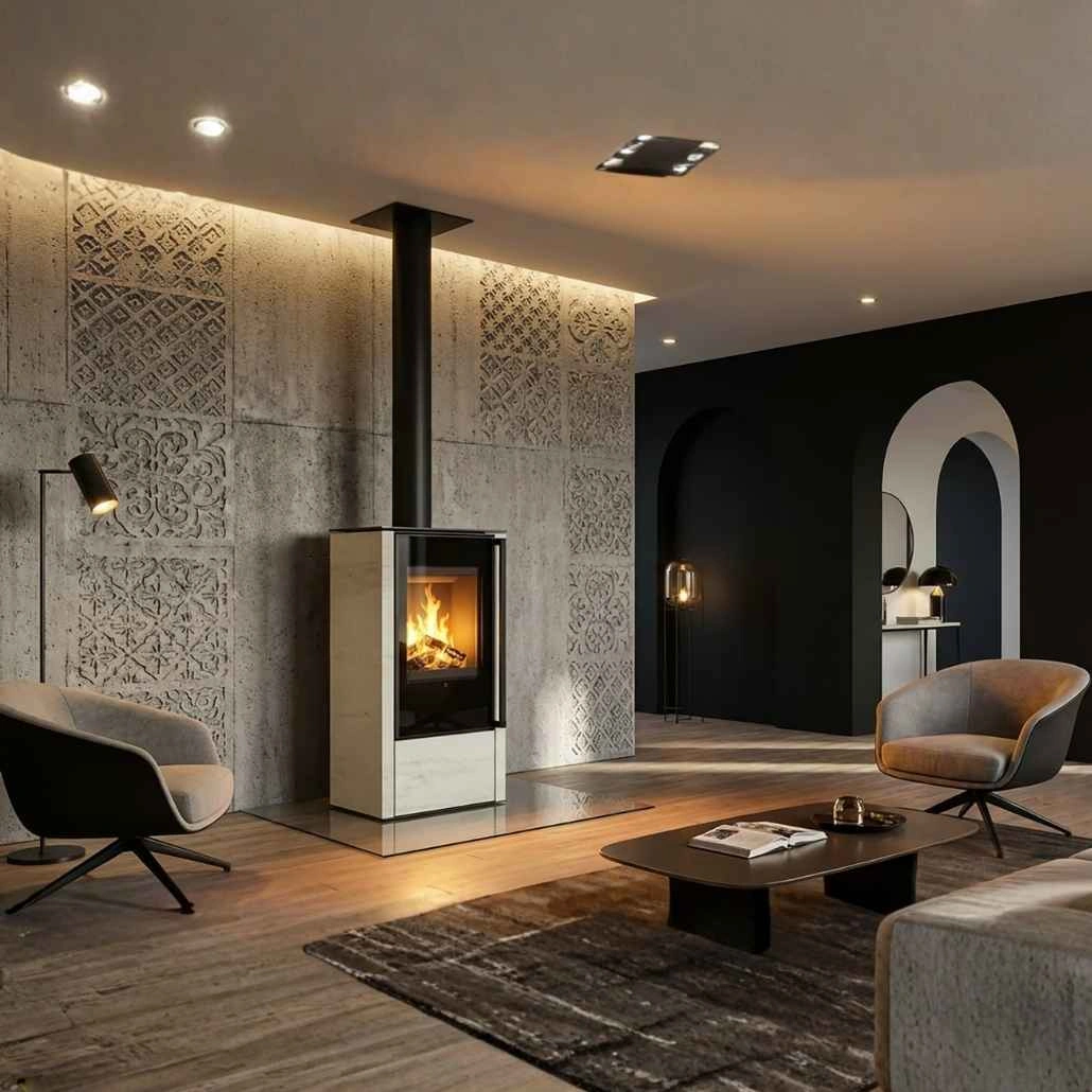 Soba din otel cu finisaj quartz - Alb travertin - maner lemn negru [1]