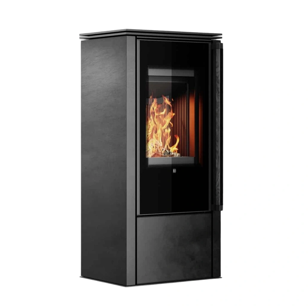 SOBE PE LEMNE - Soba din otel cu finisaj quartz Negru Antracit - maner lemn negru - samota neagra