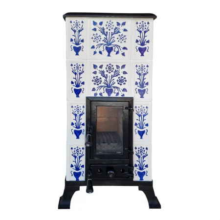 SOBE MOBILE TERACOTĂ - Soba portabila, MEDIAS, Castel pictata cu albastru – usa cu sticla