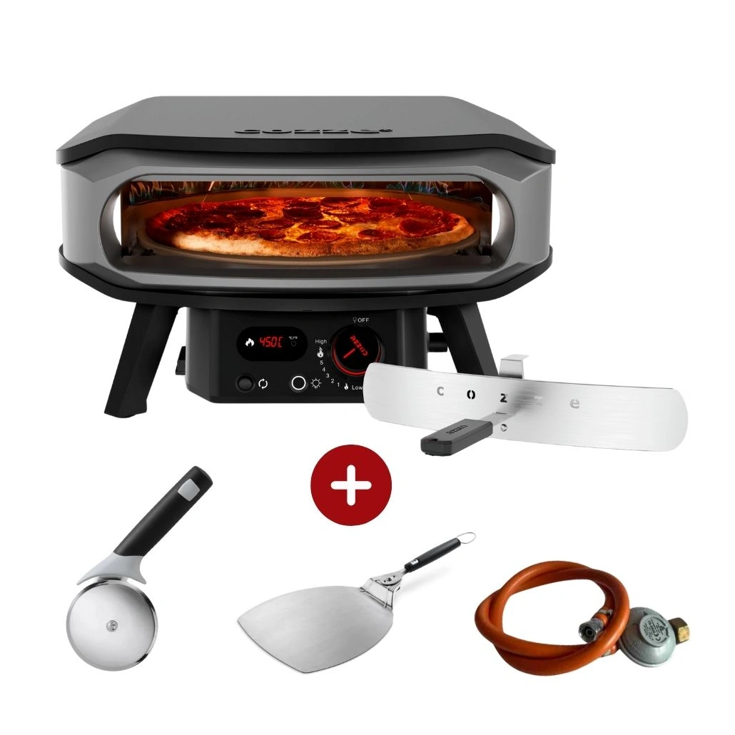 BUCĂTĂRII EXTERIOARE - Starter pack gaz Cozze PREMIUM 42.5cm - piatra rotativa pentru pizza, termometru digital si lumina LED + REGULATOR