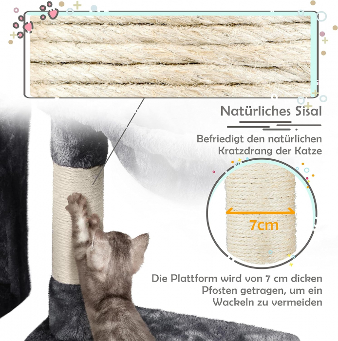 Ansamblu de joaca pentru pisici , cu 2 platforme, pestera si hamac , minge pufoasa cu clopotel , 96 cm , plus, sisal , gri inchis [5]
