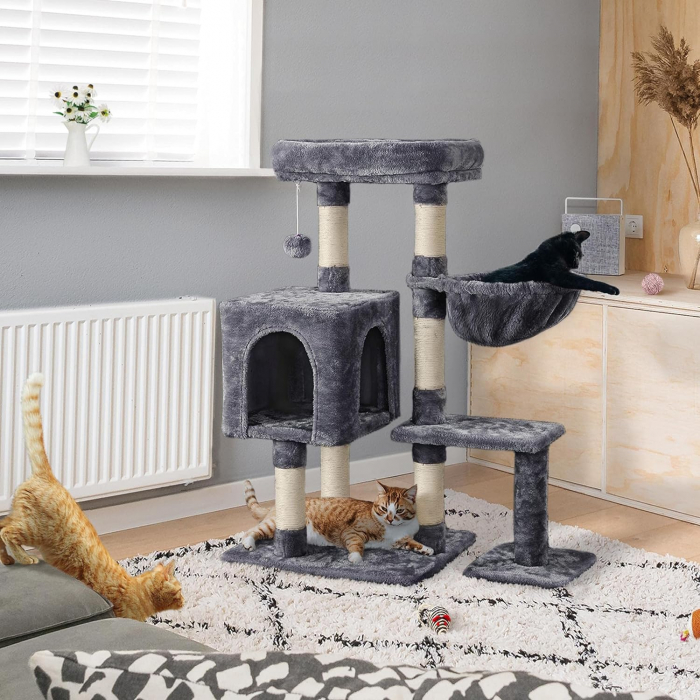 Ansamblu de joaca pentru pisici , cu 2 platforme, pestera si hamac , minge pufoasa cu clopotel , 96 cm , plus, sisal , gri inchis [3]