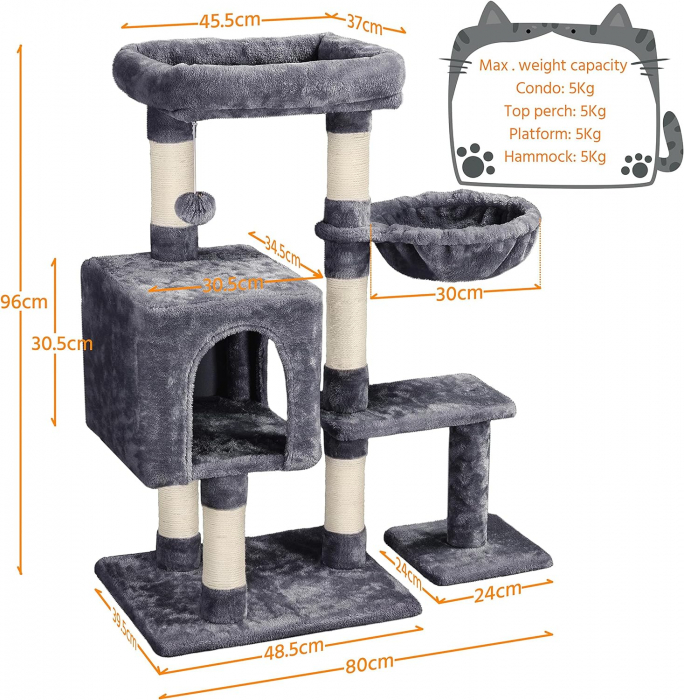 Ansamblu de joaca pentru pisici , cu 2 platforme, pestera si hamac , minge pufoasa cu clopotel , 96 cm , plus, sisal , gri inchis [4]