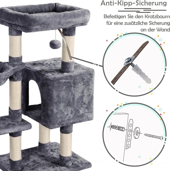 Ansamblu de joaca pentru pisici , cu 2 platforme, pestera si hamac , minge pufoasa cu clopotel , 96 cm , plus, sisal , gri inchis [9]
