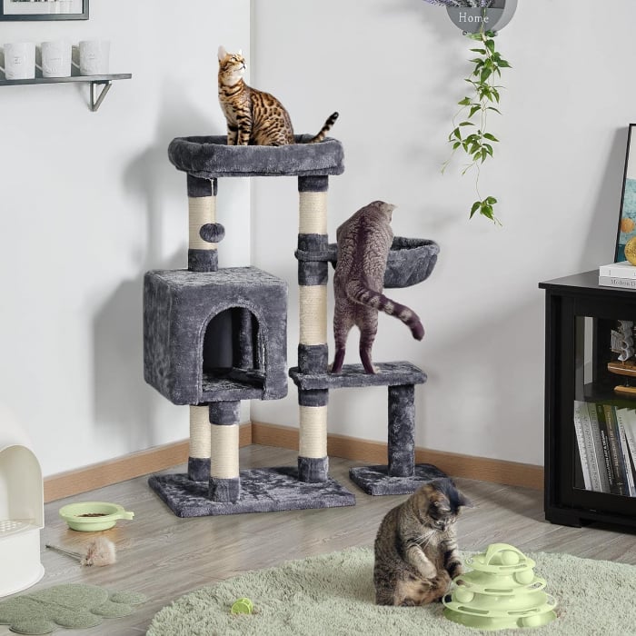 Ansamblu de joaca pentru pisici , cu 2 platforme, pestera si hamac , minge pufoasa cu clopotel , 96 cm , plus, sisal , gri inchis [2]
