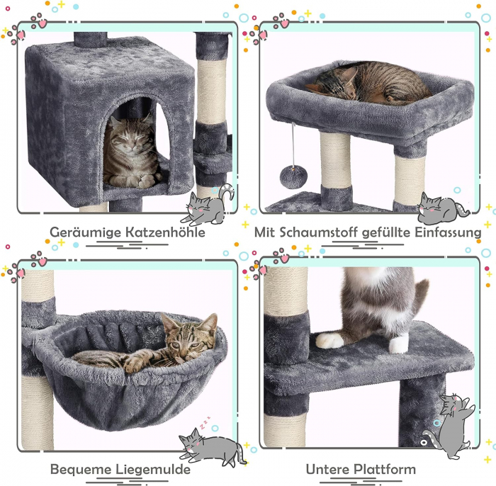 Ansamblu de joaca pentru pisici , cu 2 platforme, pestera si hamac , minge pufoasa cu clopotel , 96 cm , plus, sisal , gri inchis [8]
