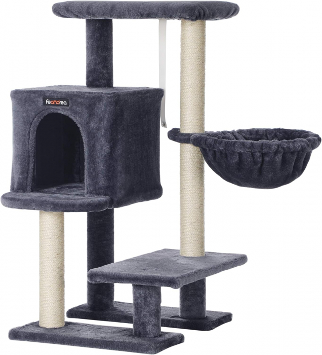 Ansamblu de joaca pentru pisici cu pestera , hamac si 2 platforme , din plus si sisal , inaltime 84 cm , gri inchis [5]